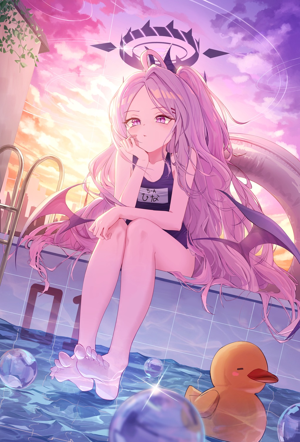 blue_archive, devil, feet, halo, horns, okkimon, school_swimsuit, sorasaki_hina