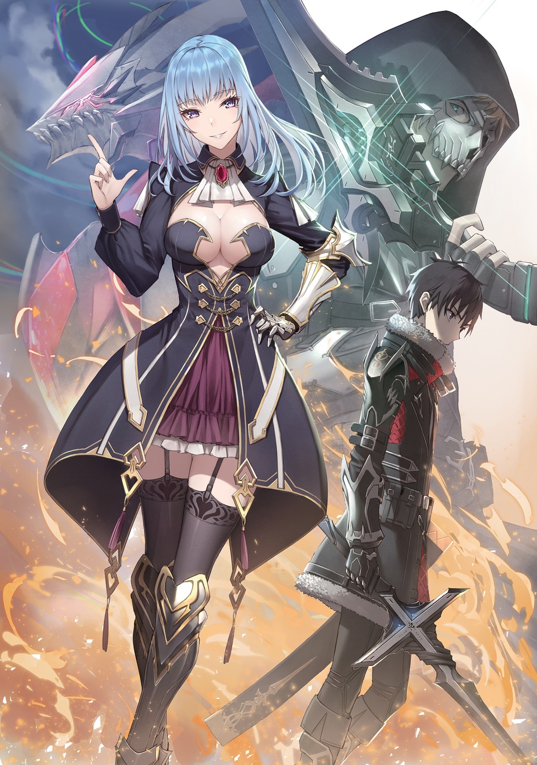 armor, boushoku_no_berserk, cleavage, eris_seifort, fame, fate_graphite, gun, no_bra, northern_alistair, stockings, sword, thighhighs, uniform