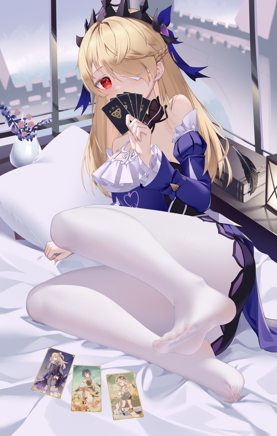 bingchuan_xian_yu_huang, dress, eyepatch, feet, fischl, genshin_impact, pantyhose