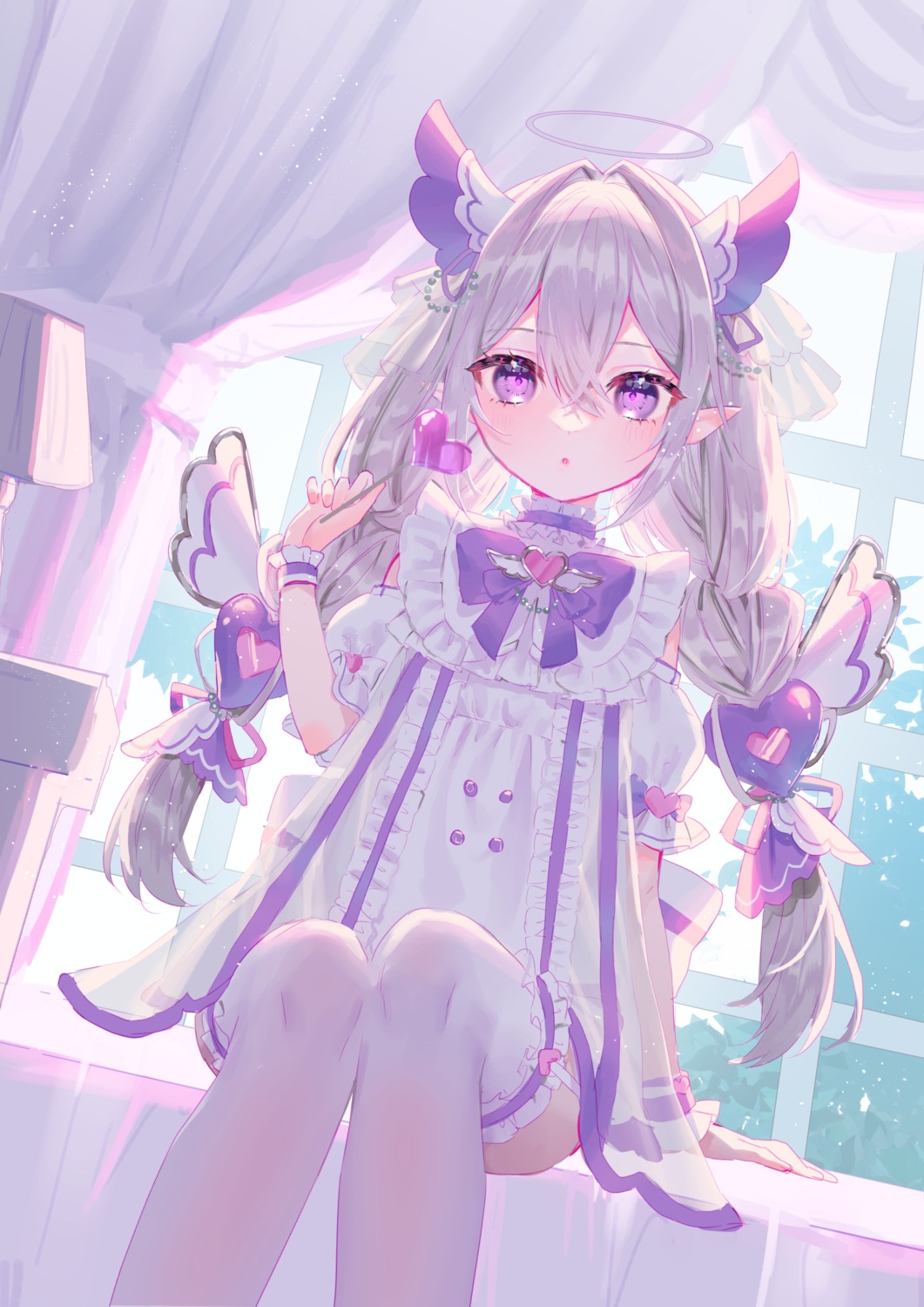 angel, dress, harushio, indie_virtual_youtuber, pointy_ears, see_through, stockings, tenshi_uyu, thighhighs