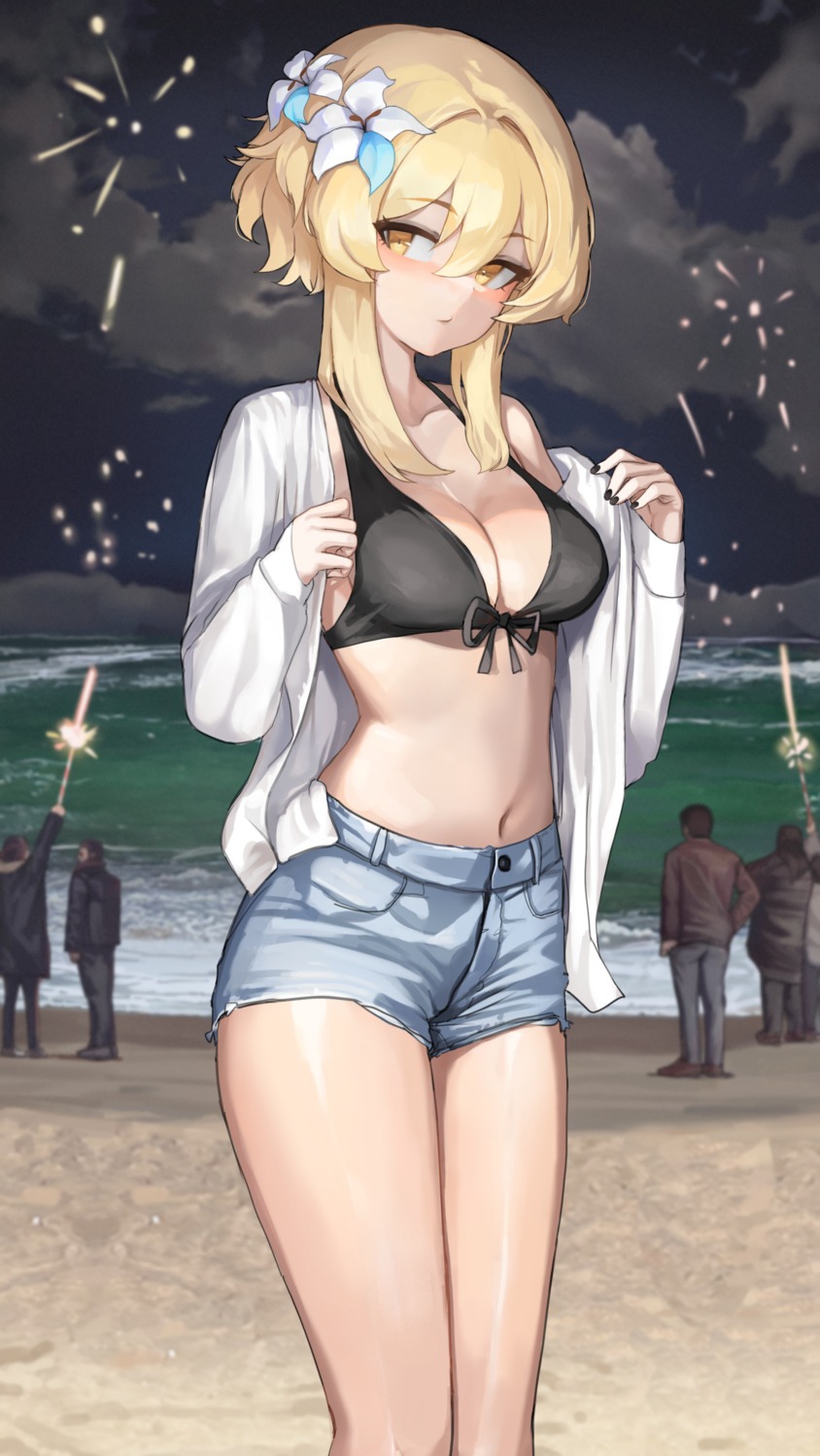 bikini_top, dolri, genshin_impact, lumine, open_shirt, swimsuits, undressing