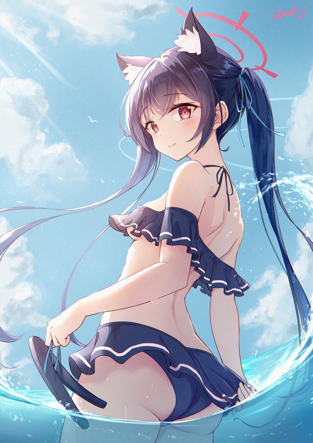 animal_ears, ass, bikini, blue_archive, fritz614, halo, kuromi_serika, nekomimi, swimsuits, wet