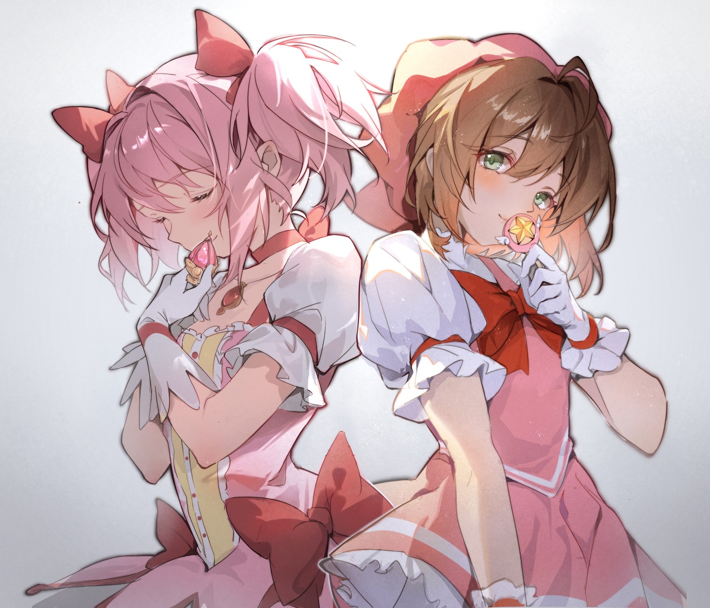 card_captor_sakura, cloudyman, crossover, dress, kaname_madoka, kinomoto_sakura, mahou_shoujo_madoka_magica
