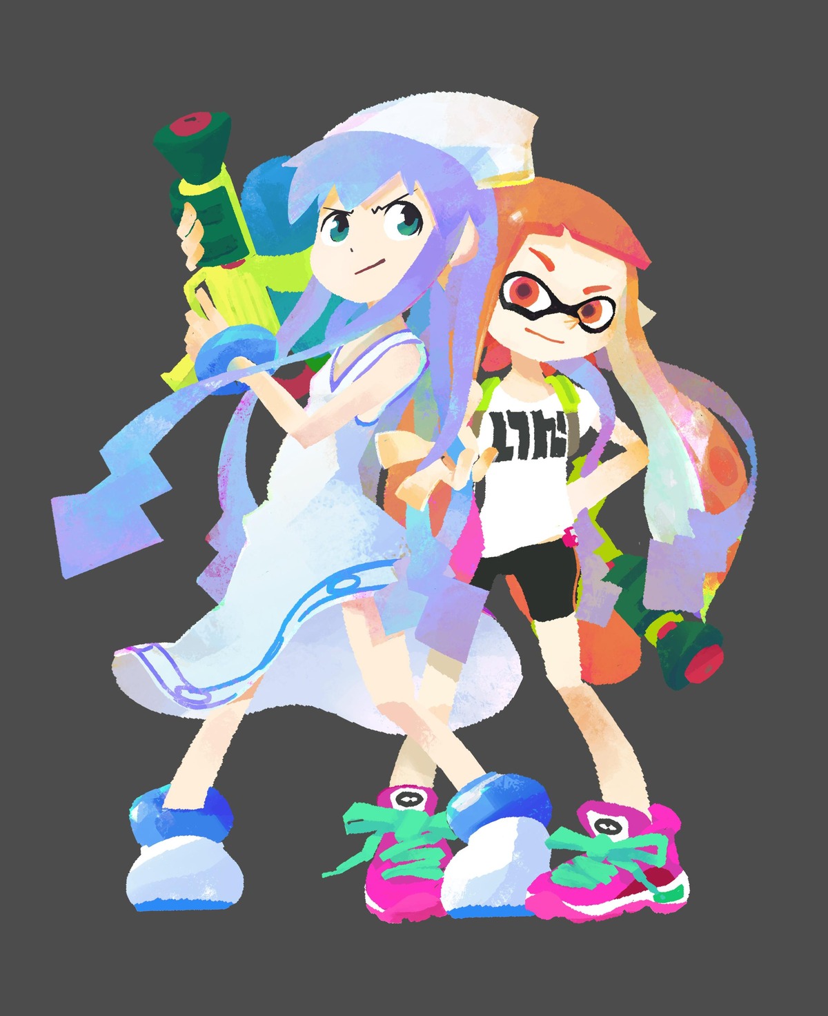 crossover, dress, gun, ikamusume, inkling_(splatoon), nintendo, pointy_ears, shinryaku!_ikamusume, splatoon, tagme