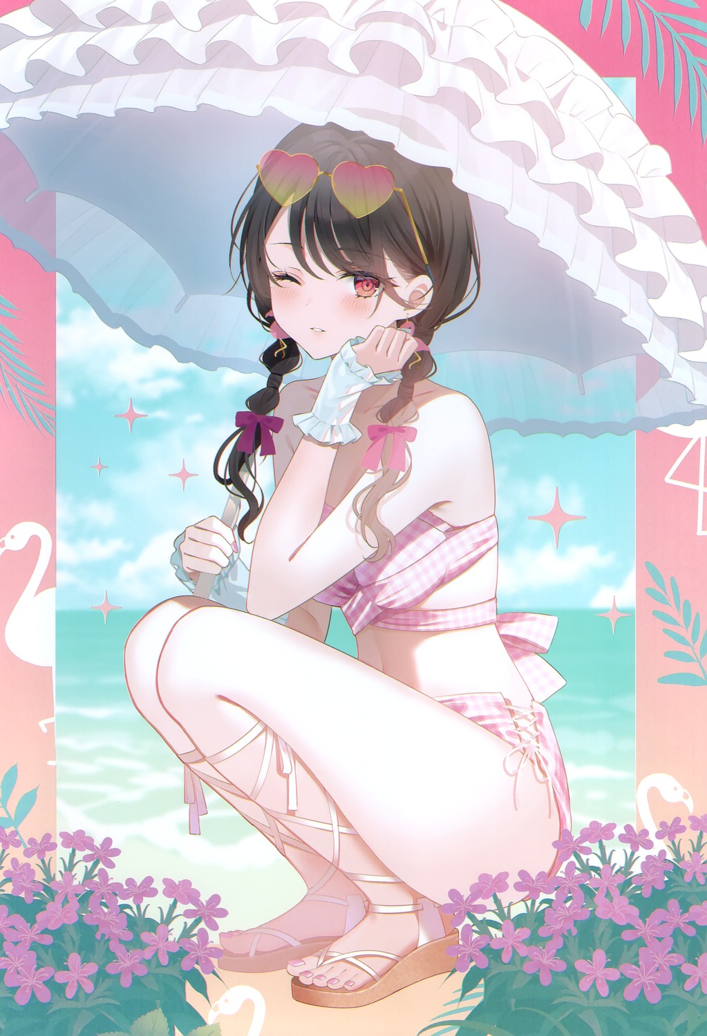 bikini, megane, misanga_(myusha), myusha, swimsuits, umbrella