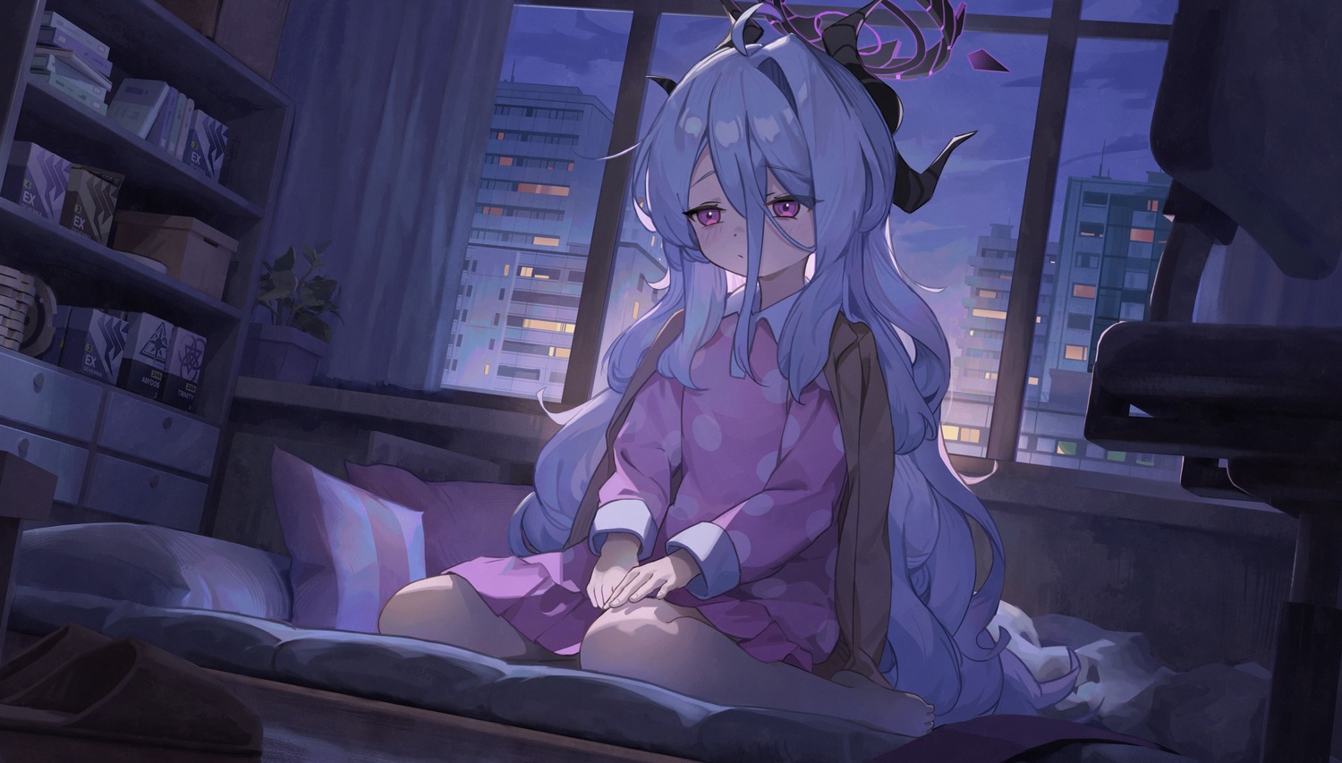 blue_archive, halo, horns, pajama, shijiuuuuuuu, sorasaki_hina, tagme