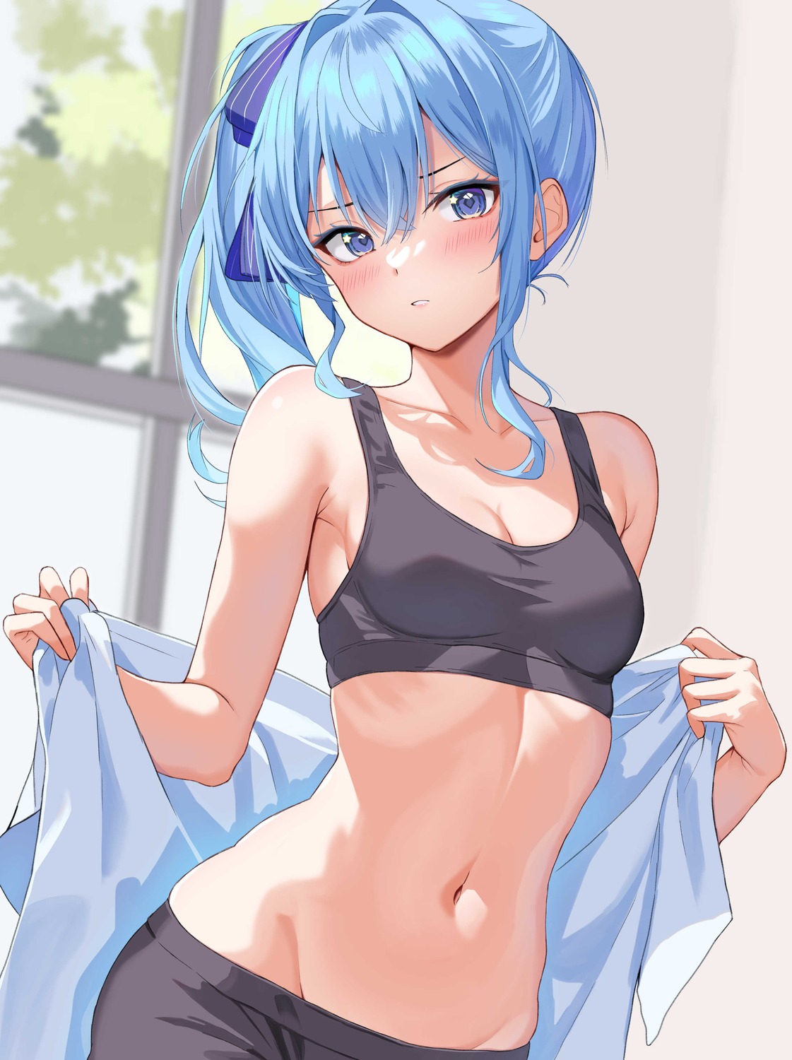 bra, cleavage, hololive, hoshimachi_suisei, o29sukizero, towel