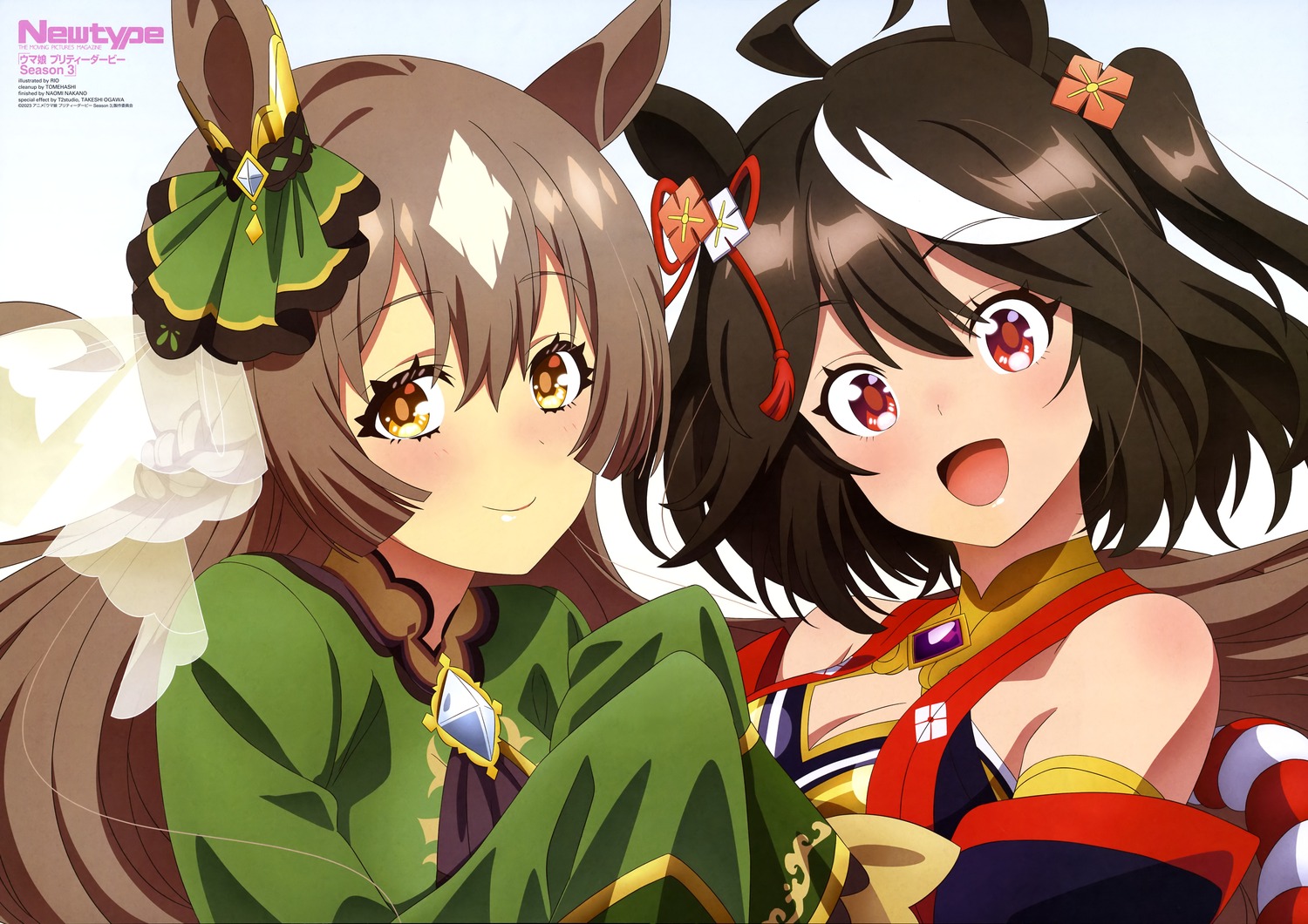 animal_ears, cleavage, japanese_clothes, kitasan_black_(umamusume), rio_(artist), satono_diamond_(umamusume), uma_musume_pretty_derby, uniform