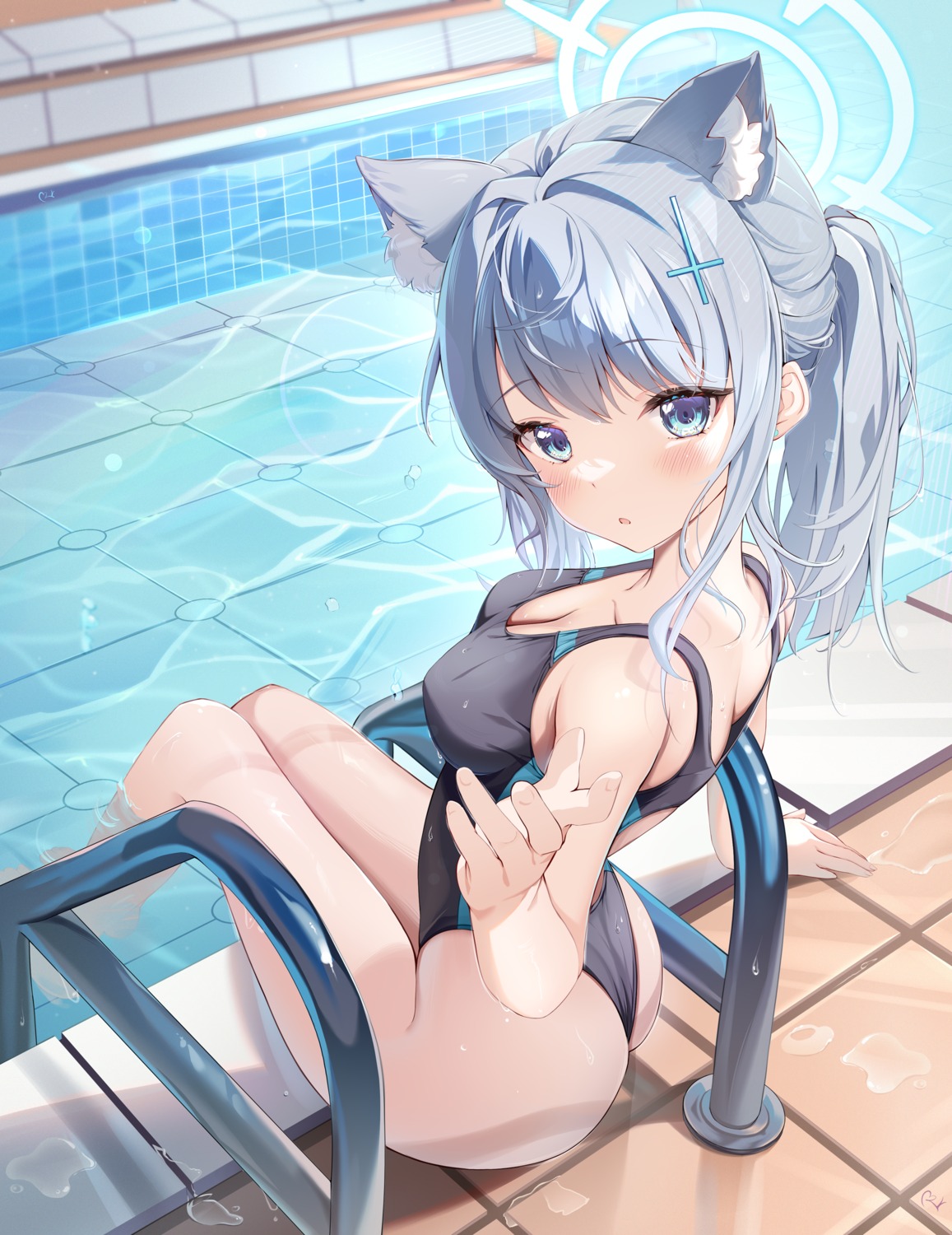 animal_ears, ass, blue_archive, halo, nekomimi, sunaookami_shiroko, swimsuits, teeth_bro, wet