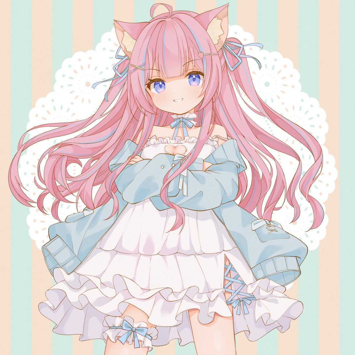 animal_ears, dress, garter, indie_virtual_youtuber, itigori_ena, no_bra, saekiya_sabou, sweater
