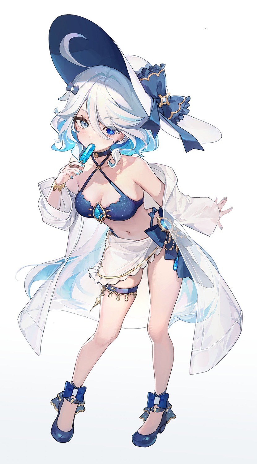 bikini, furina, garter, genshin_impact, heterochromia, open_shirt, see_through, swimsuits