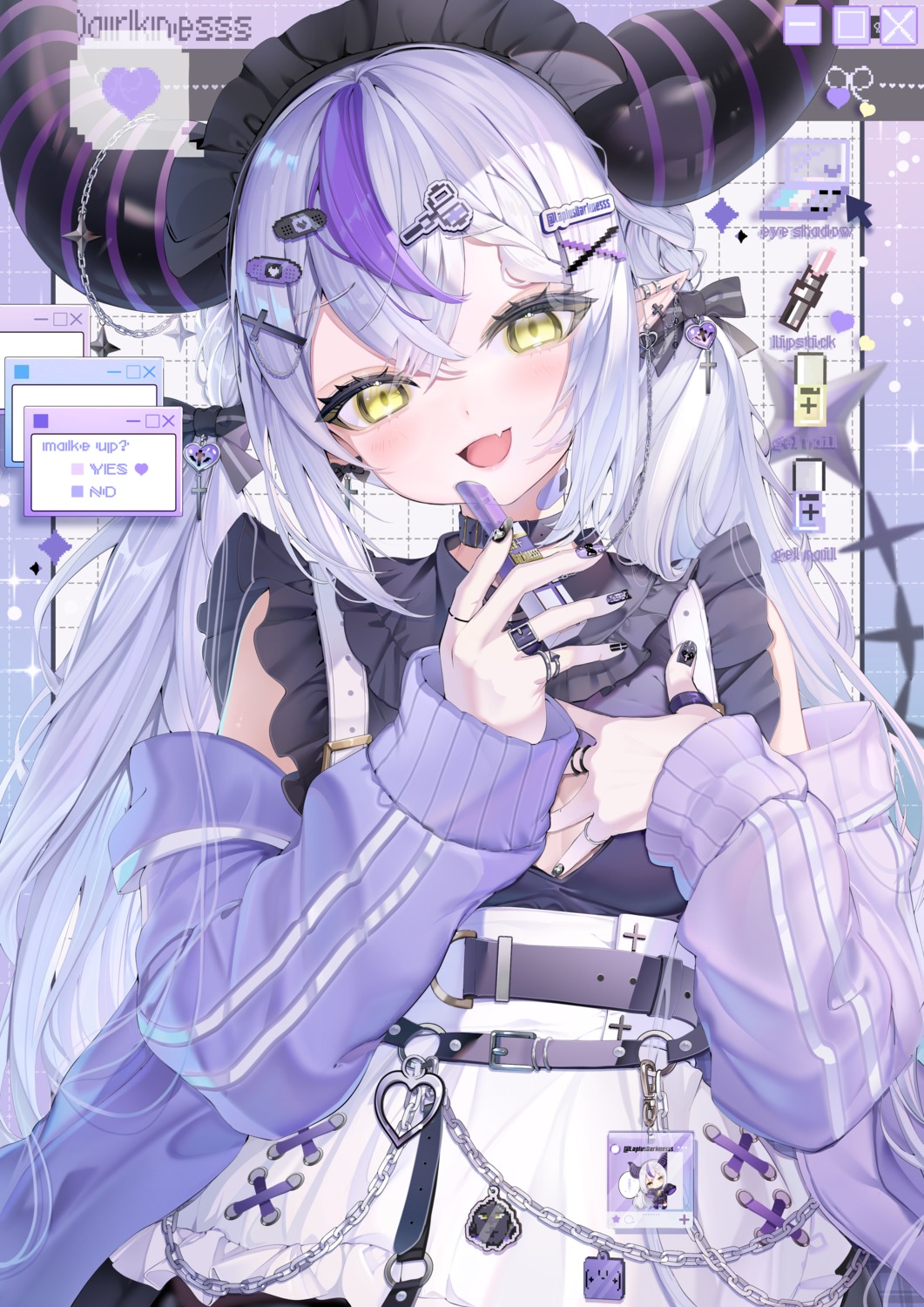 bandaid, hololive, horns, la+_darknesss, lolita_fashion, piyokuma, pointy_ears, sweater