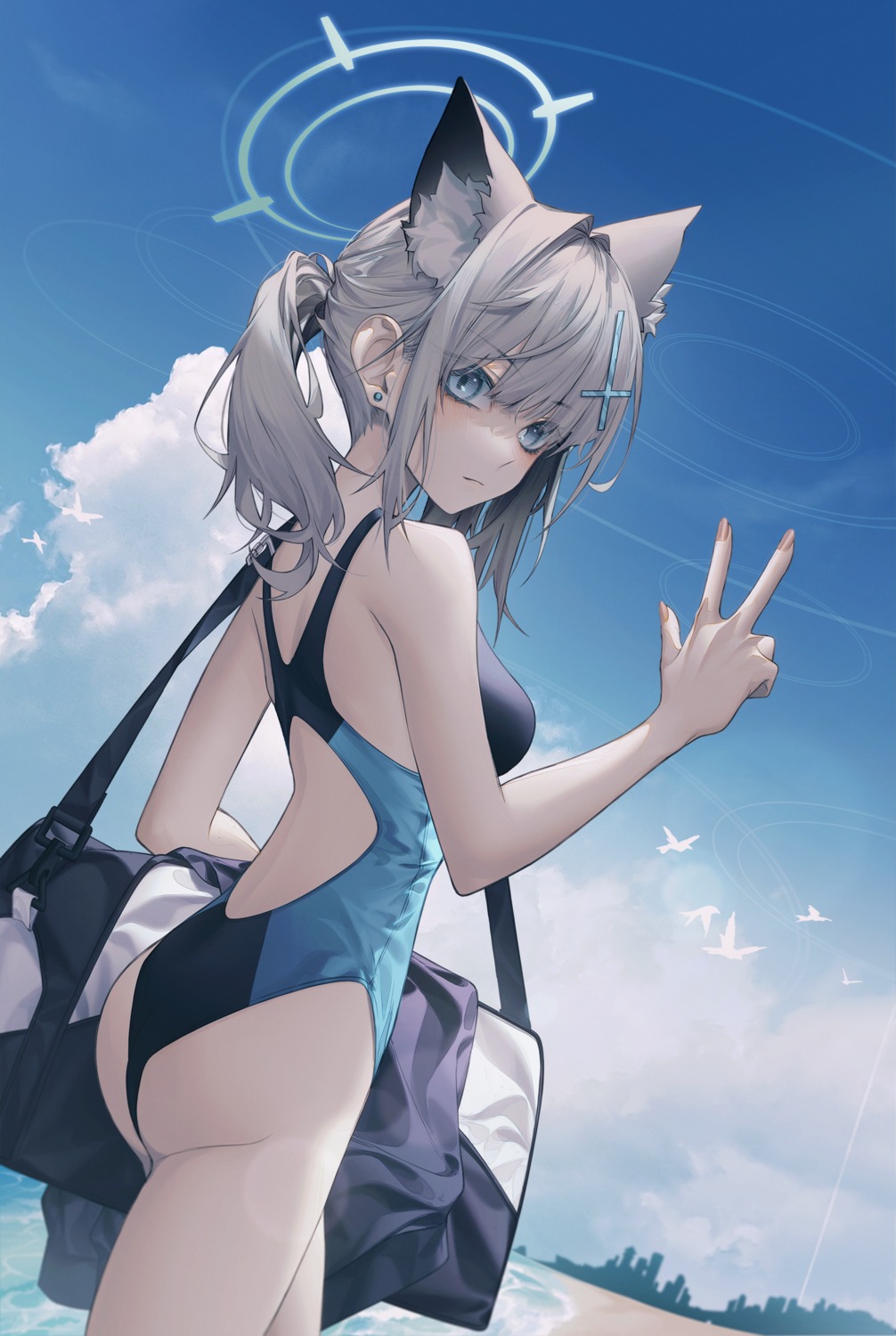 2no_(pixiv75196219), animal_ears, ass, blue_archive, halo, nekomimi, sunaookami_shiroko, swimsuits