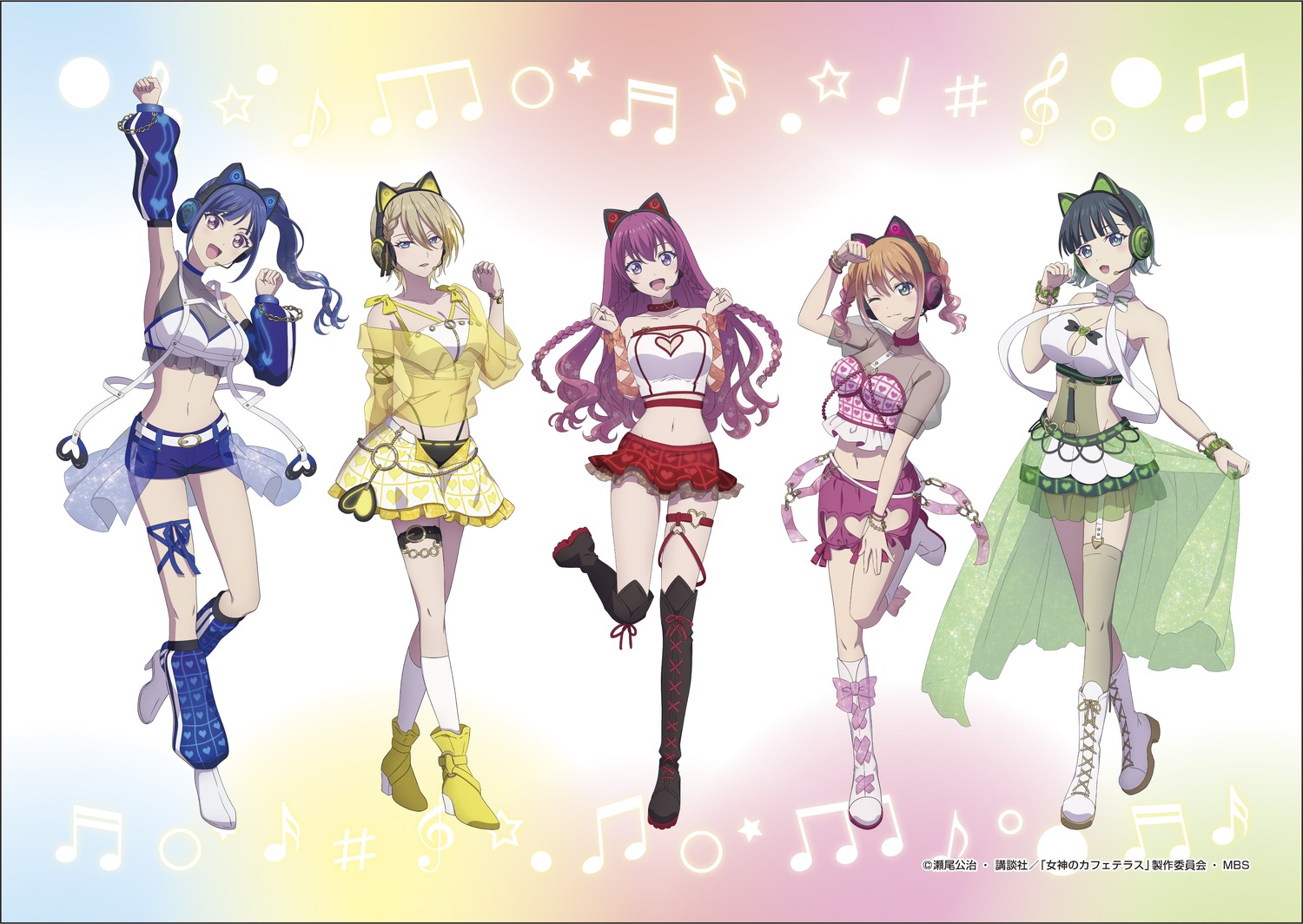 animal_ears, cleavage, garter, headphones, heels, hououji_akane, makuzawa_ouka, megami_no_café_terrace, nekomimi, no_bra, ono_shiragiku, see_through, tsukishima_riho, tsuruga_ami, uniform