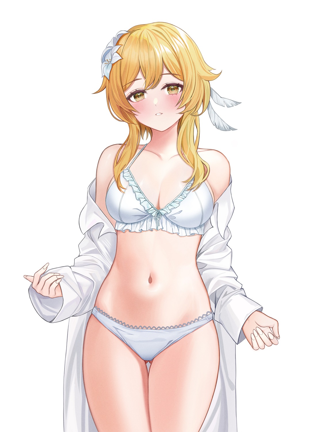 bikini, genshin_impact, lumine, open_shirt, swimsuits, yami_(rear4742)