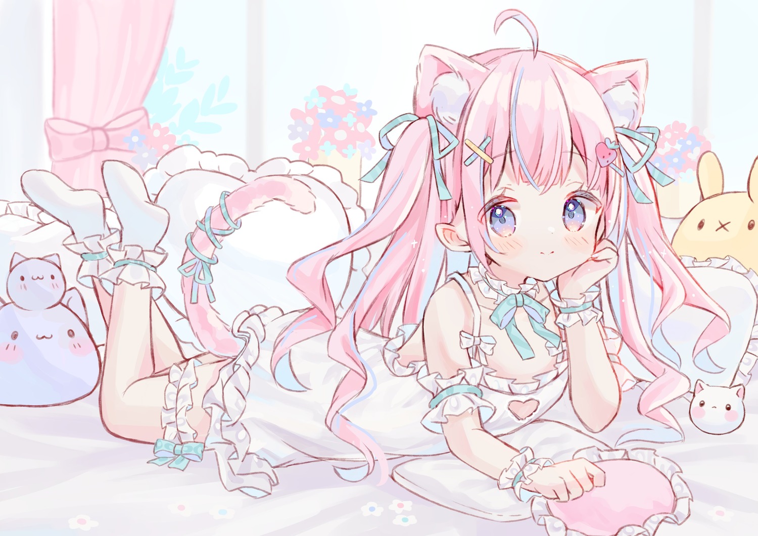 animal_ears, dress, fruitsrabbit, garter, indie_virtual_youtuber, itigori_ena, nekomimi, tail