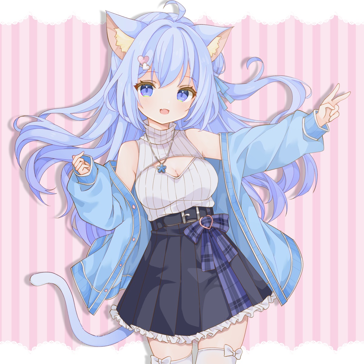 animal_ears, cleavage, nanase_nagi, nekomimi, saekiya_sabou, sweater, tail, thighhighs