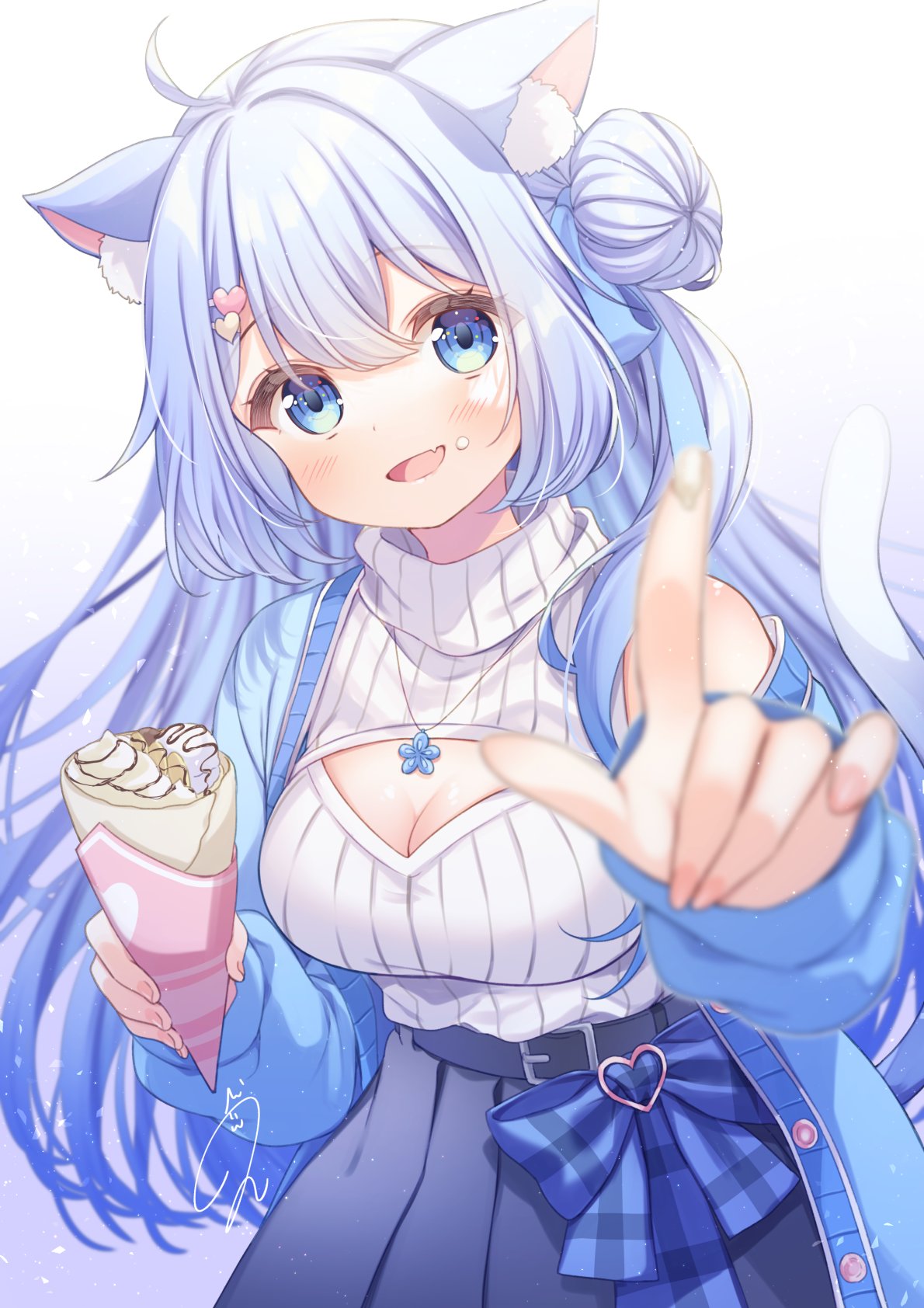 animal_ears, cleavage, cream, kisukekun, nanase_nagi, nekomimi, sweater, tail