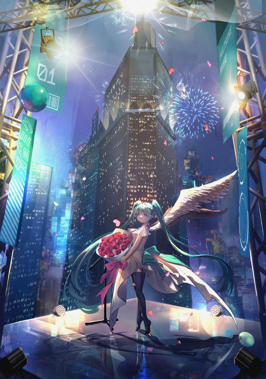 angel, arua, dress, hatsune_miku, landscape, thighhighs, vocaloid, wings