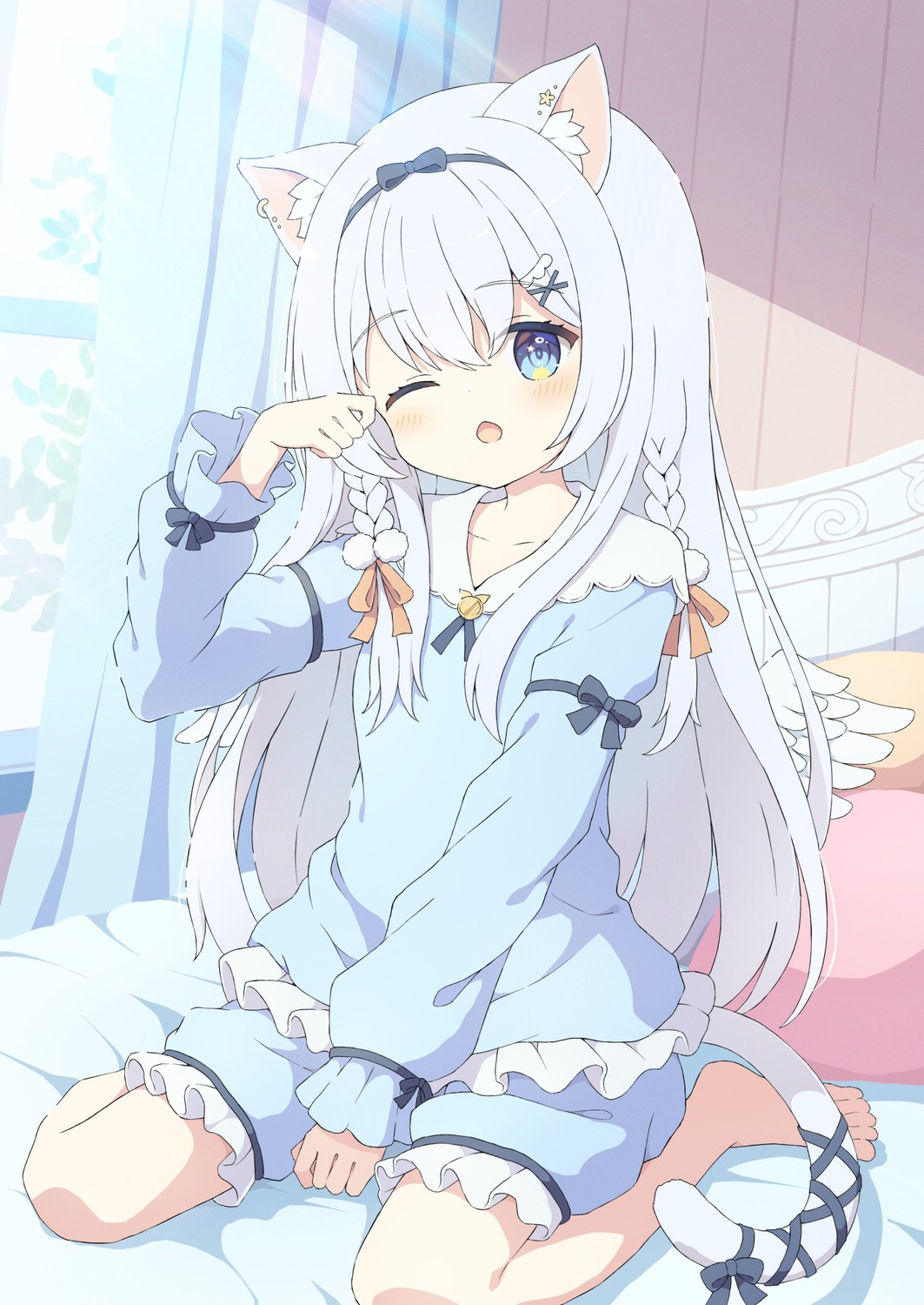 animal_ears, indie_virtual_youtuber, nekomimi, pajama, sorashi_purumu, tail, tyakomes, wings