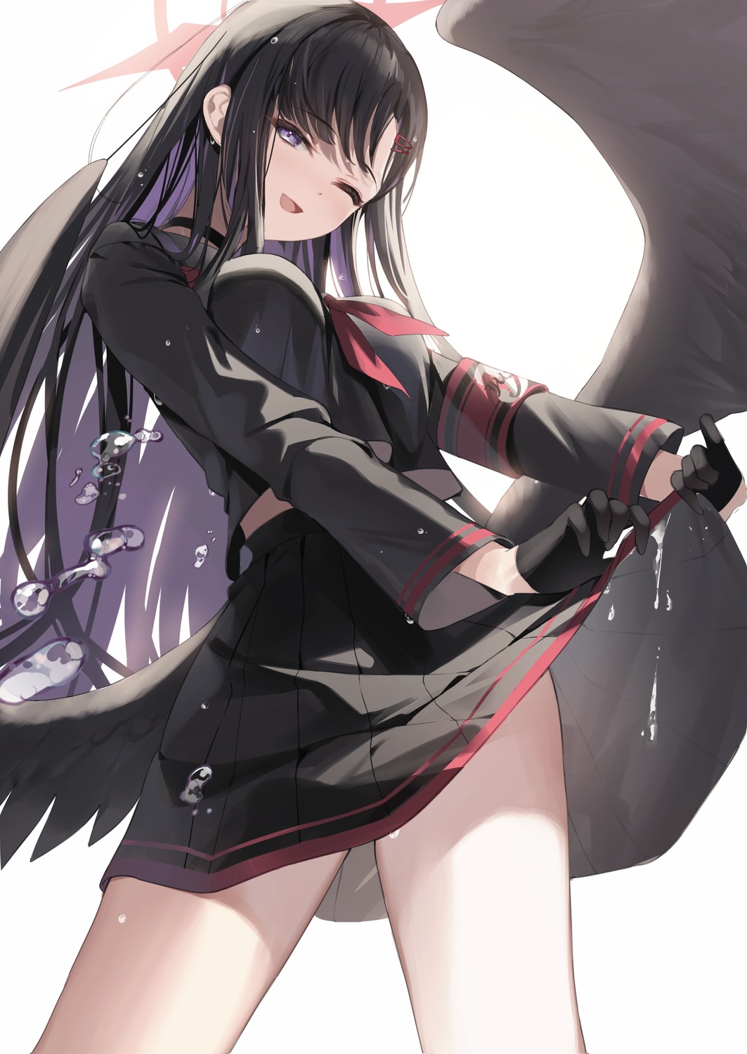 angel, blue_archive, chiro_(norishiro_michiro), nakamasa_ichika, seifuku, skirt_lift, wet_clothes, wings