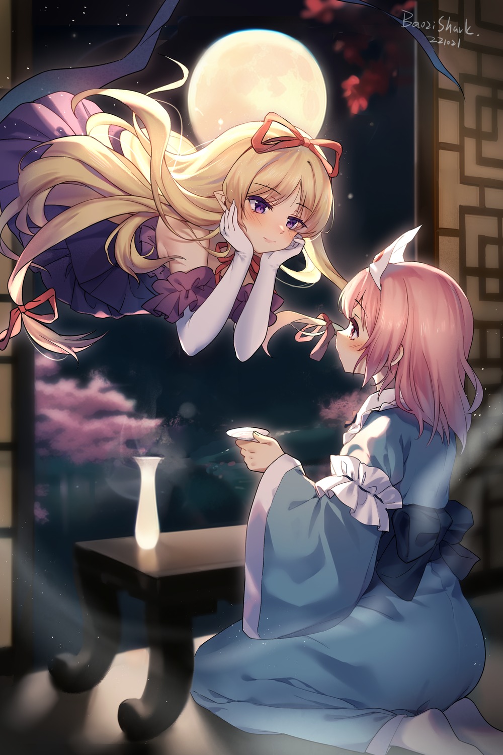 bzsk., dress, japanese_clothes, pointy_ears, saigyouji_yuyuko, sake, touhou, yakumo_yukari