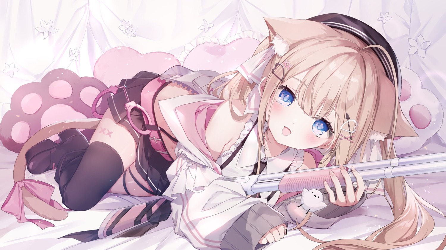animal_ears, emia_(castilla), garter, gun, indie_virtual_youtuber, nekomimi, tail, tattoo