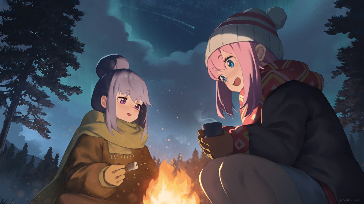 agrafl, kagamihara_nadeshiko, pantyhose, shima_rin, wallpaper, yurucamp