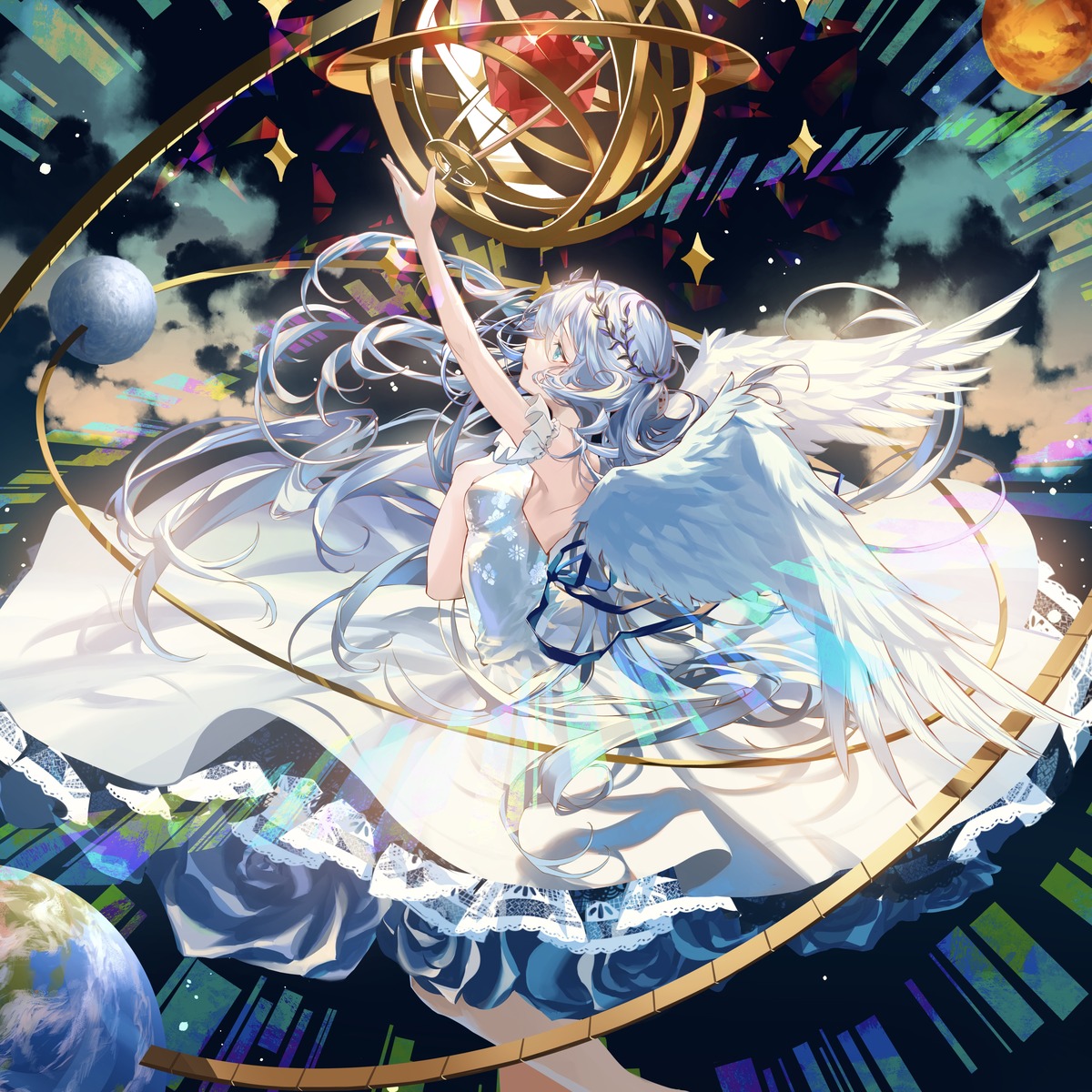disc_cover, dress, karonaru, no_bra, wings