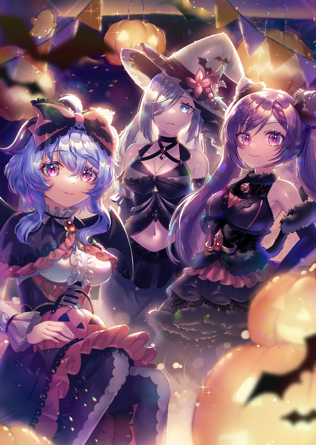 cleavage, dress, ganyu, genshin_impact, halloween, horns, keqing, pantyhose