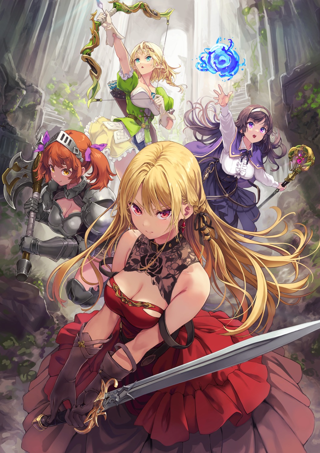 armor, cleavage, dress, elf, hinoki_yuu, pointy_ears, skirt_lift, sword