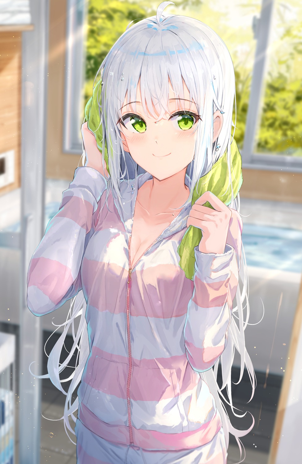 cleavage, nakyo, pajama, towel, wet