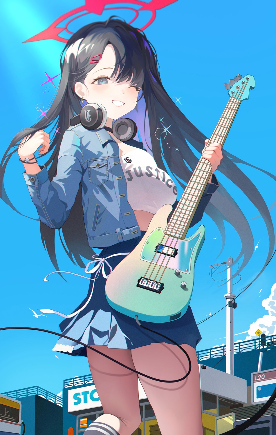 blue_archive, guitar, hael, halo, headphones, nakamasa_ichika