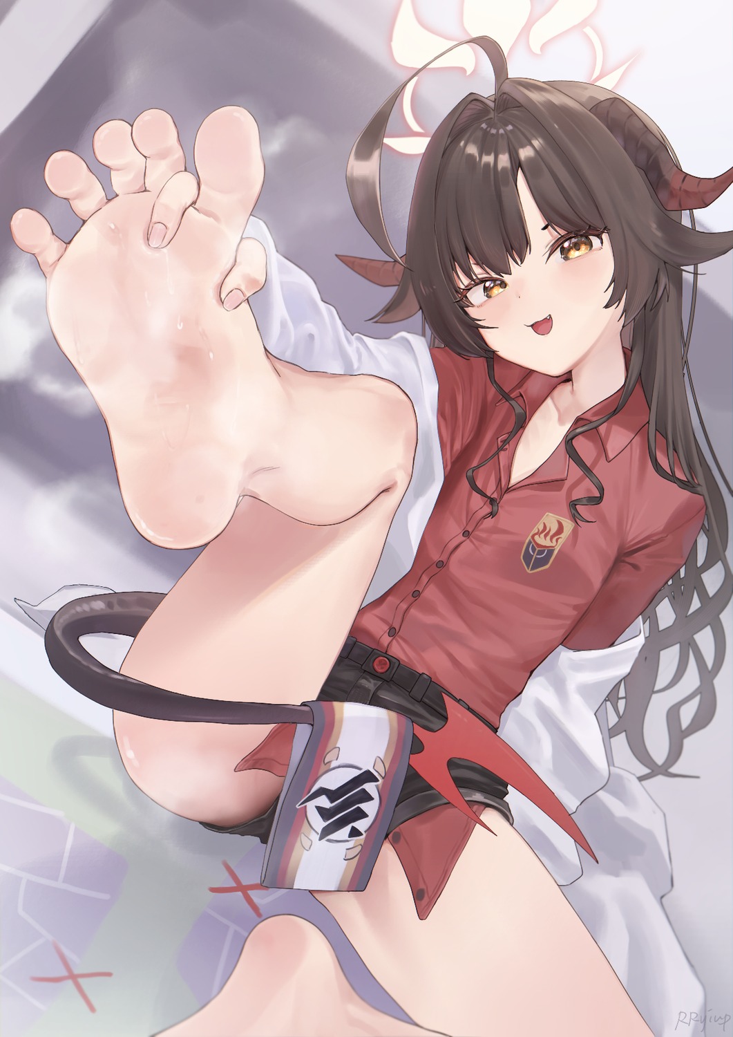 blue_archive, devil, feet, halo, horns, kinugawa_kasumi, rryiup, seifuku