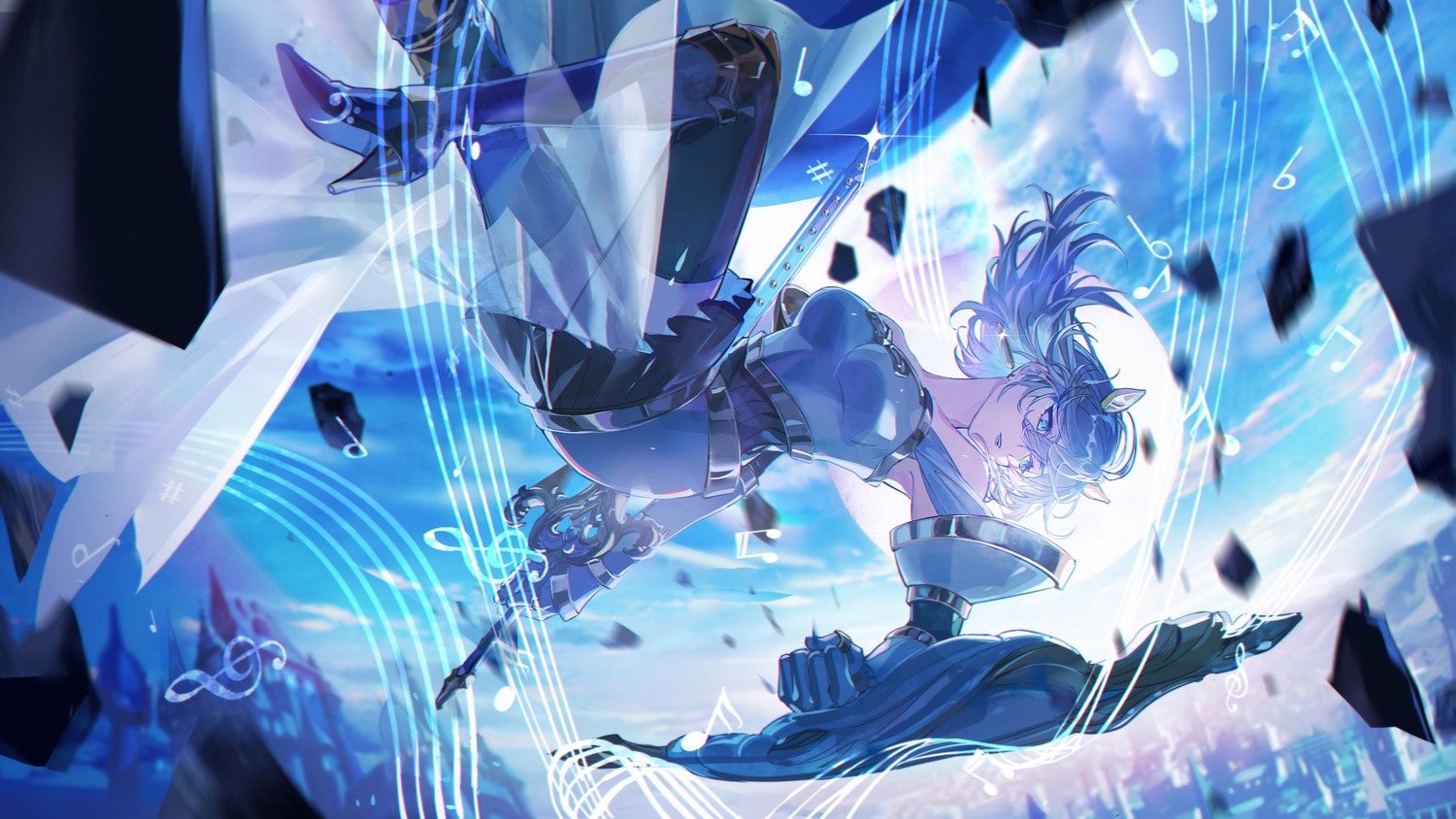 armor, heels, horns, kanose, see_through, skirt_lift, sword, takt_op.