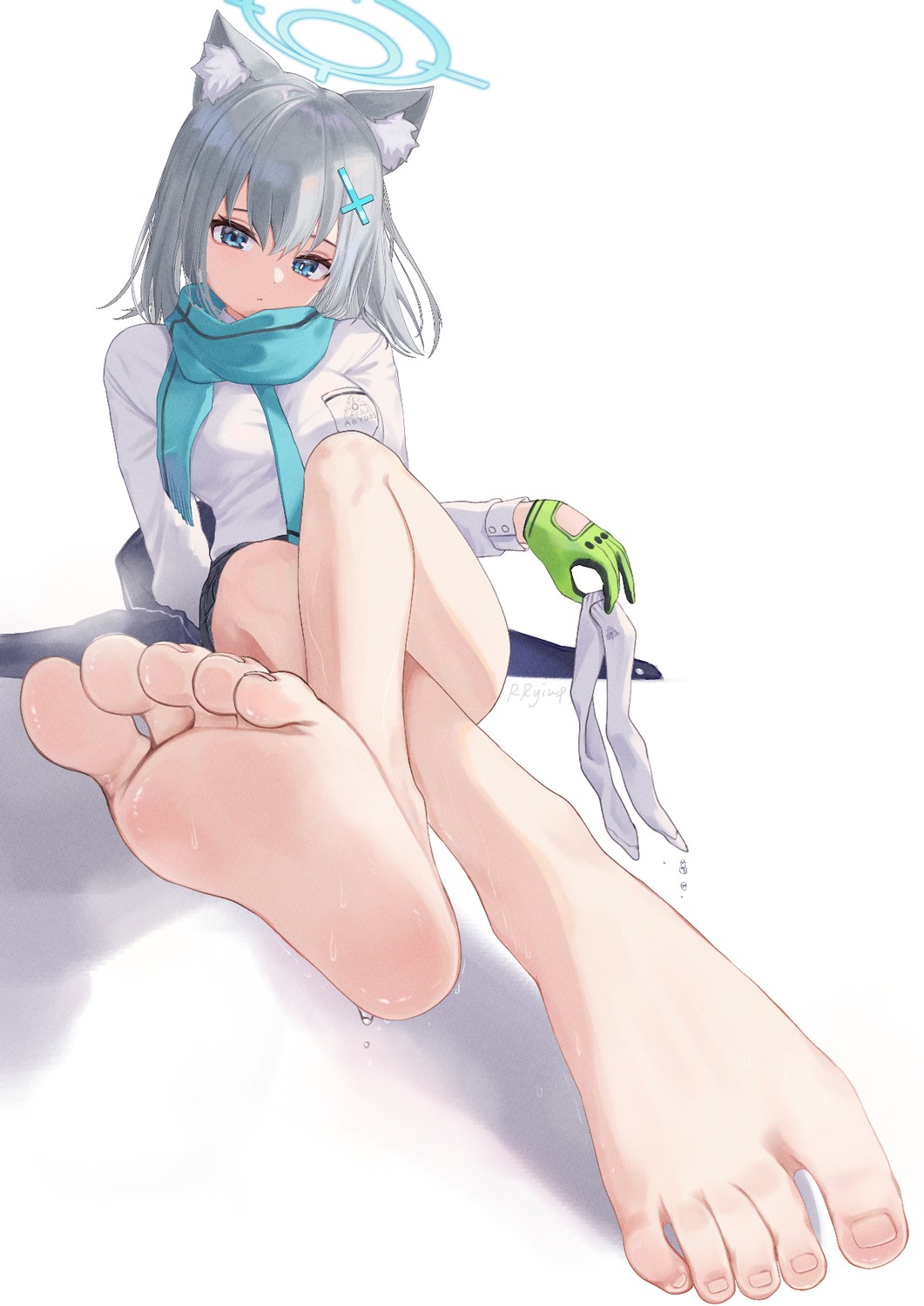 animal_ears, blue_archive, feet, halo, nekomimi, rryiup, seifuku, sunaookami_shiroko