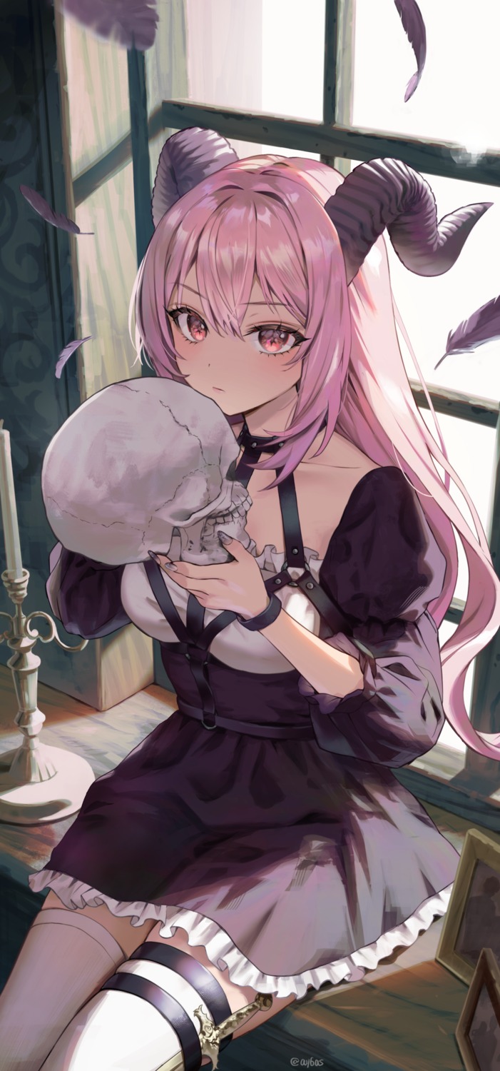 ay6as, dress, garter, horns, thighhighs, weapon