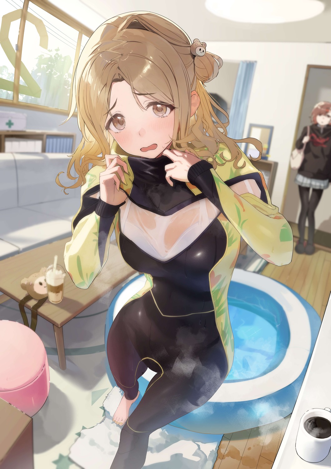 bodysuit, higuchi_madoka, ichikawa_hinana, pantyhose, see_through, seifuku, the_idolm@ster, the_idolm@ster_shiny_colors