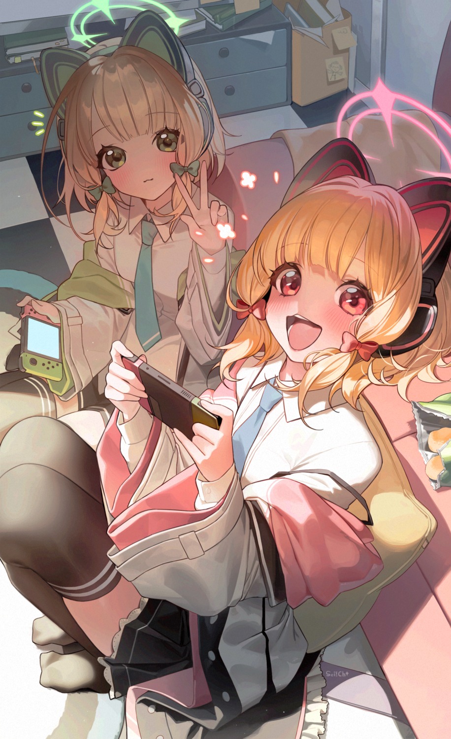 animal_ears, blue_archive, halo, headphones, nekomimi, saiba_midori, saiba_momoi, sei!cho, seifuku, thighhighs