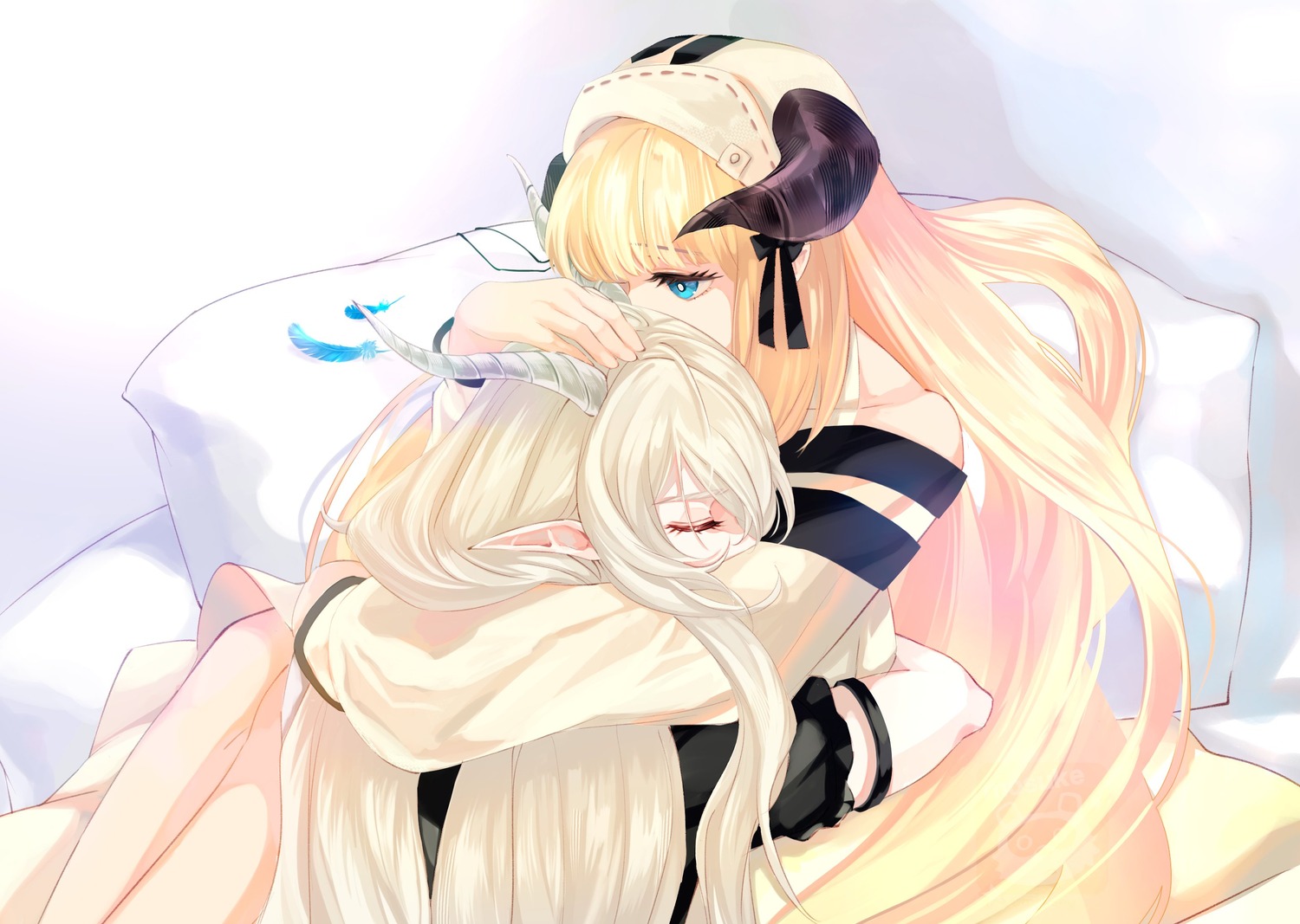 arknights, dress, horns, lolita_fashion, mosuke, nightingale_(arknights), pointy_ears, shining_(arknights), yuri