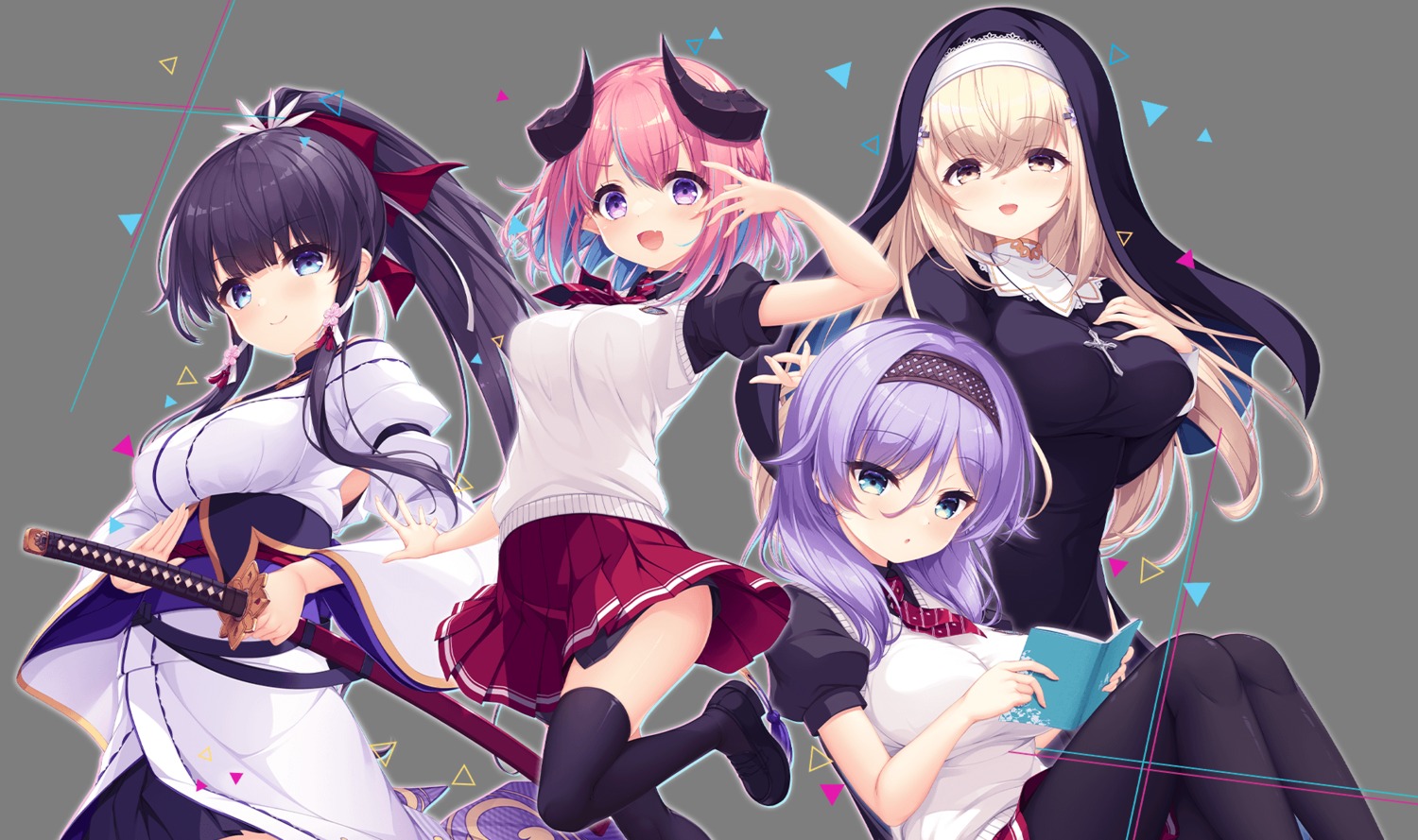 ayazuki_haruka, devil, hajimeru_sekai_no_risouron_-goodbye_world_index-, hellmilia_van_noxrose, horns, japanese_clothes, mikagami_mamizu, mogami_hinagiku, nun, pantyhose, pointy_ears, seifuku, sweater, sword, thighhighs, tier_fallentite, transparent_png, whirlpool