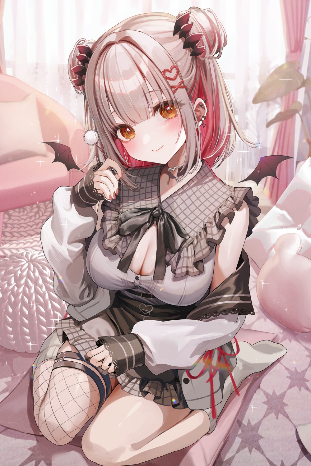 cleavage, fishnets, garter, honey_strap, kudou_eru, nanashi_inc., suou_patra, thighhighs