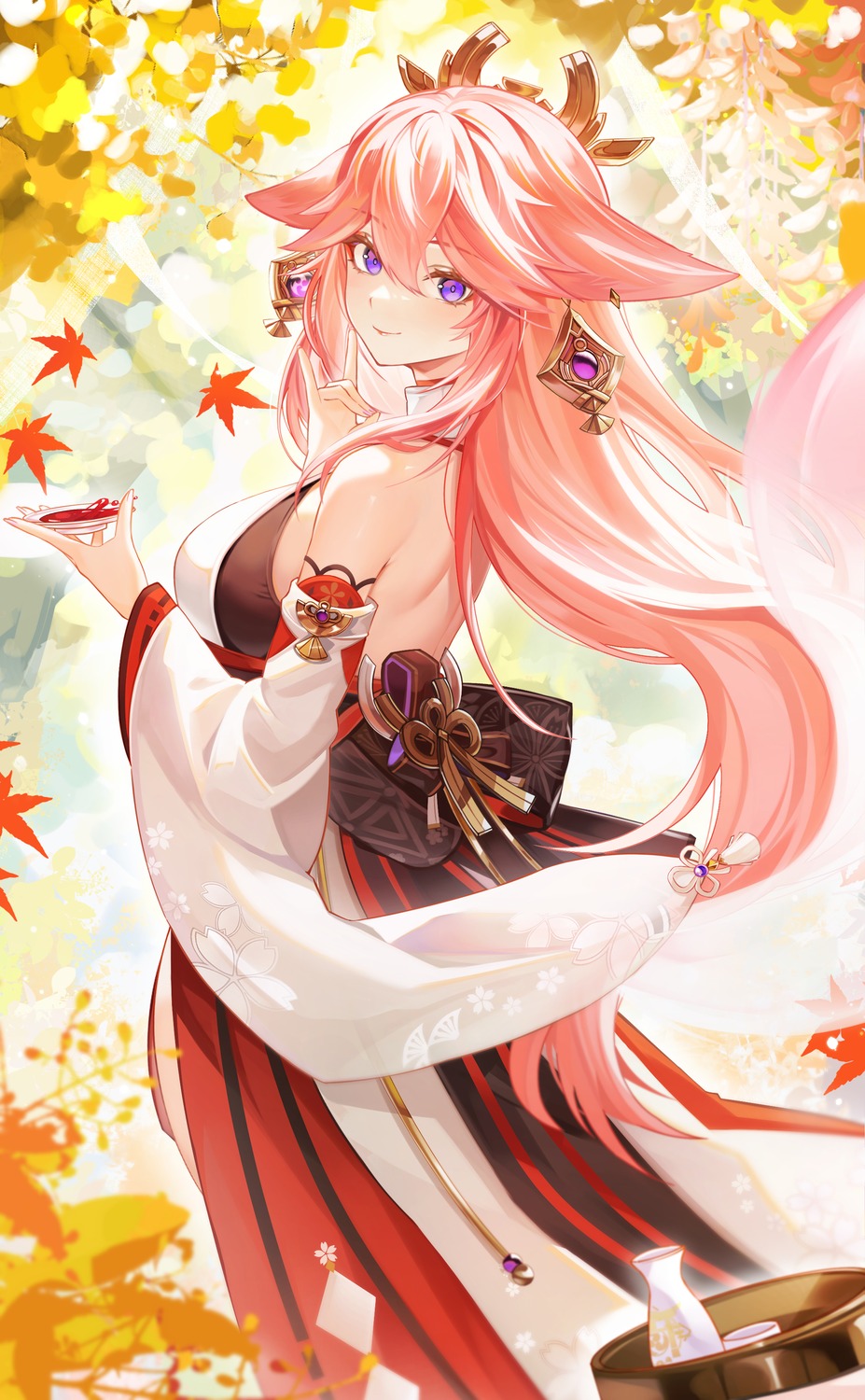 animal_ears, chen_ying_(alan-yut), genshin_impact, japanese_clothes, kitsune, no_bra, sake, yae_miko