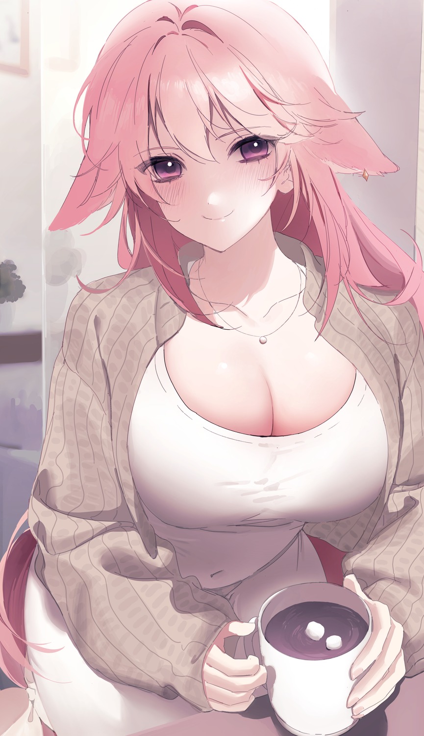 animal_ears, cleavage, dress, genshin_impact, kitsune, myao_(o3o333), yae_miko