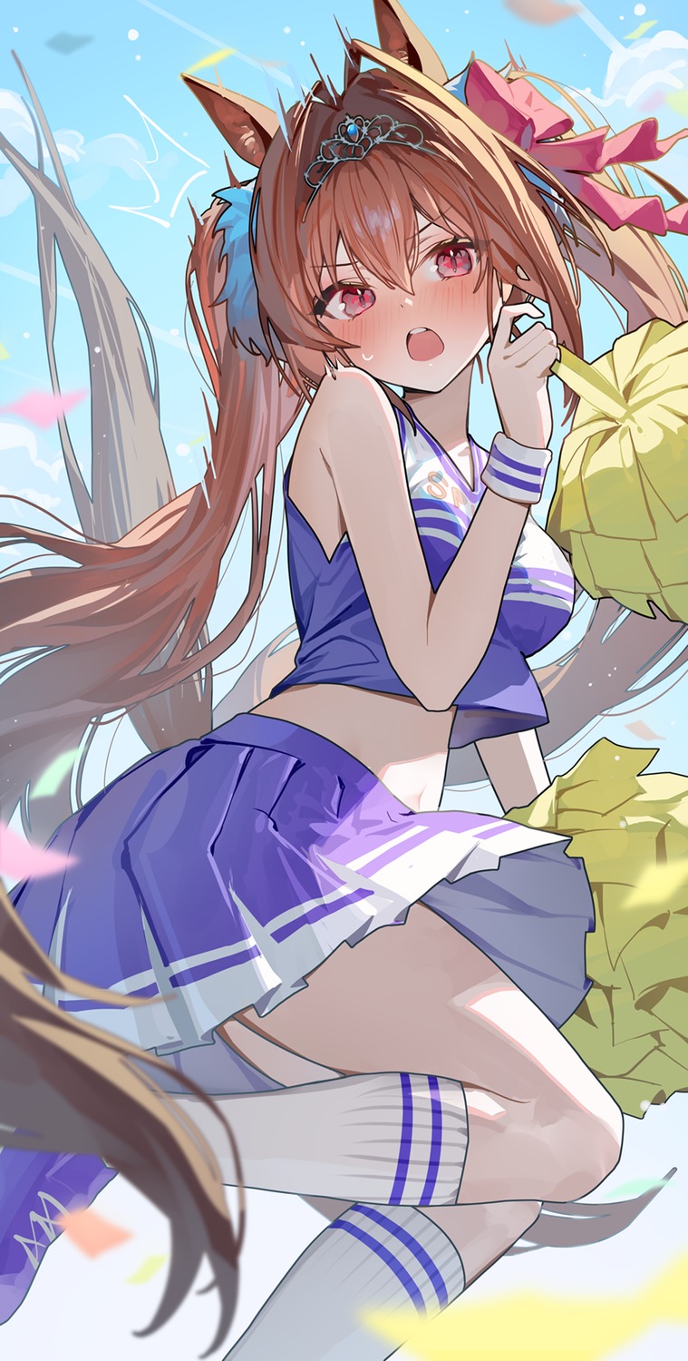animal_ears, cheerleader, daiwa_scarlet_(umamusume), ningen_mame, skirt_lift, tail, uma_musume_pretty_derby
