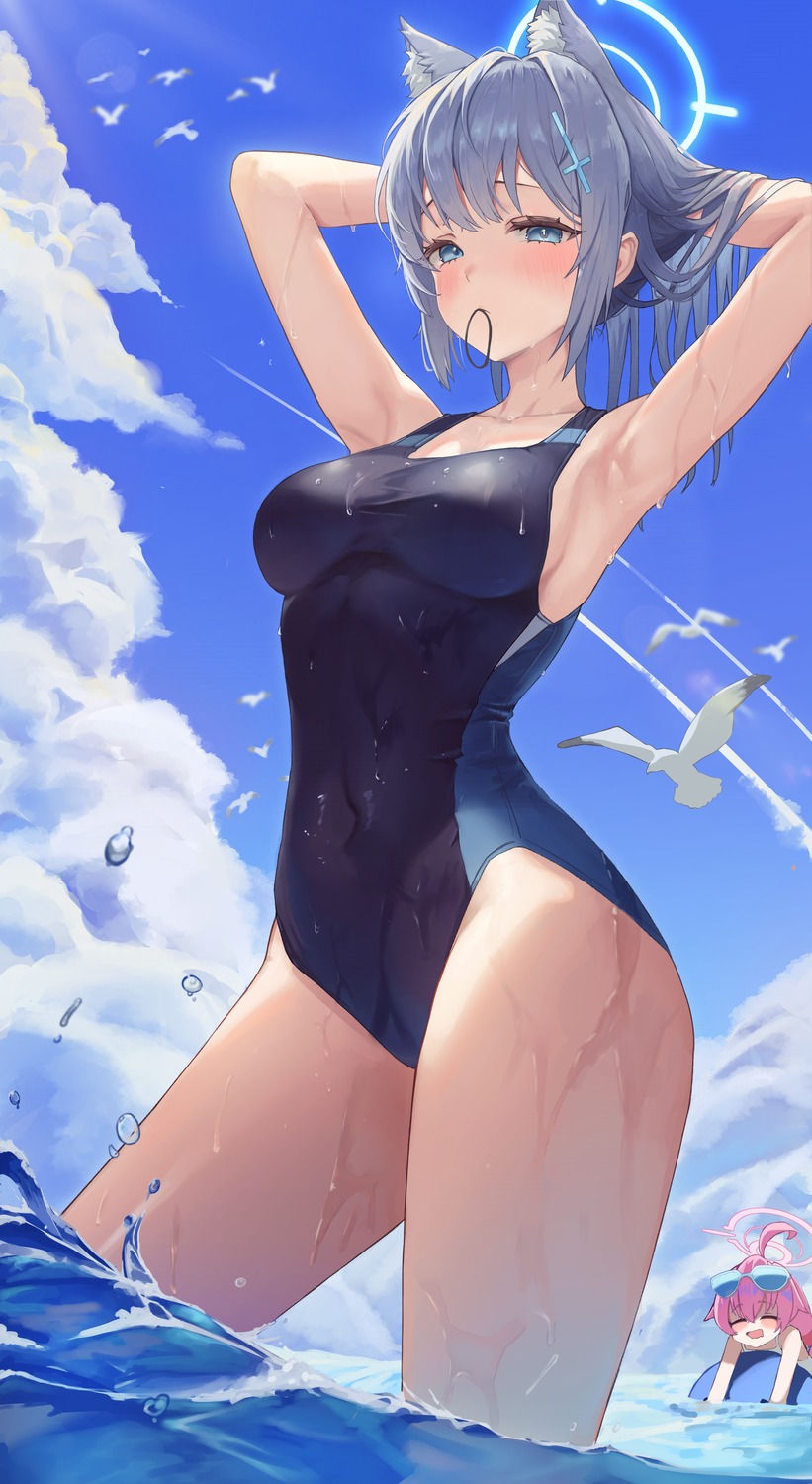 animal_ears, blue_archive, halo, megane, nekomimi, pongdo, sunaookami_shiroko, swimsuits, takanashi_hoshino, wet