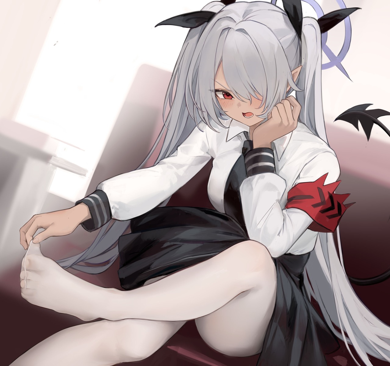 blue_archive, feet, halo, nagata_gata, pantyhose, pointy_ears, seifuku, shiromi_iori, tail