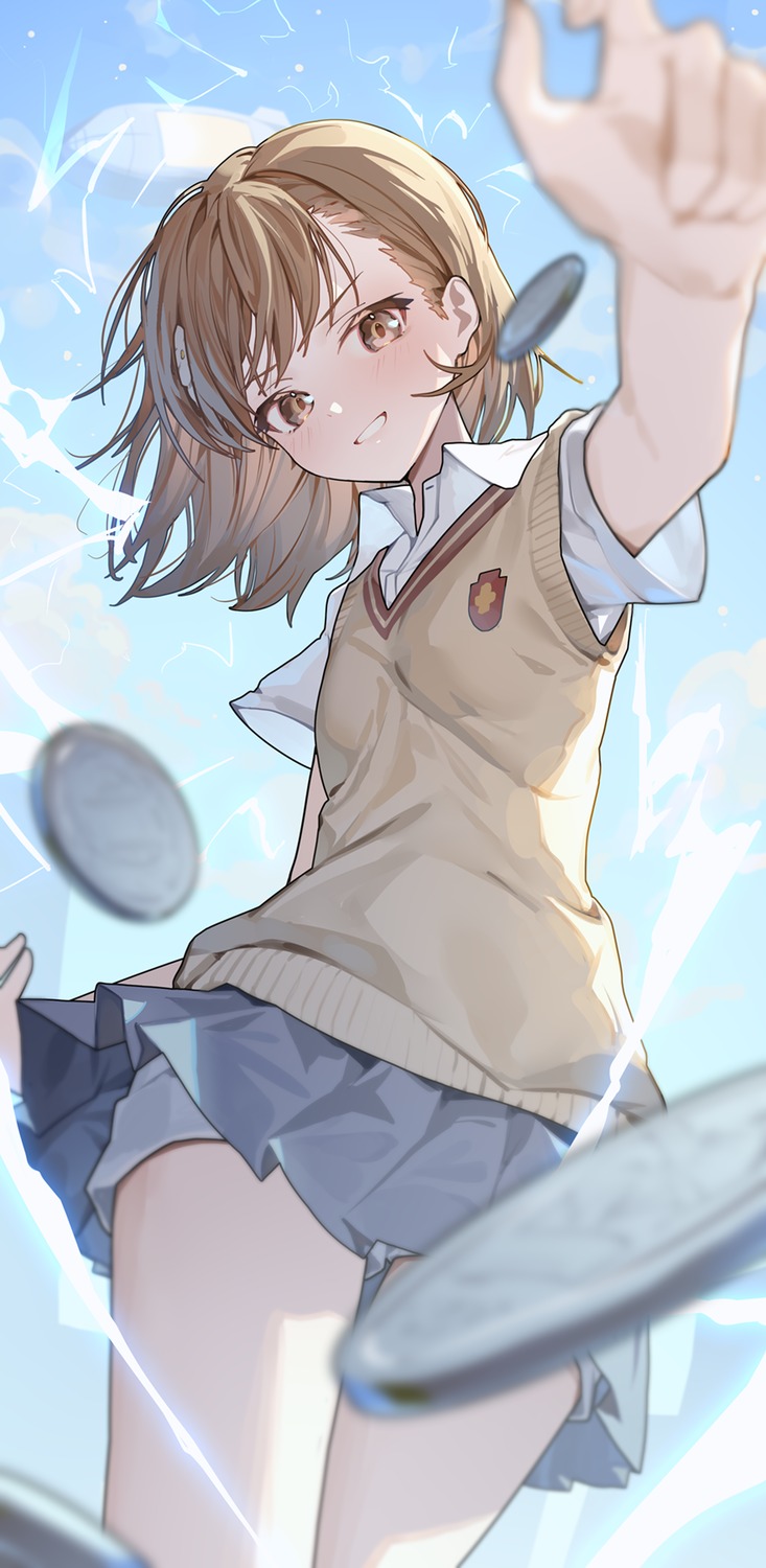 misaka_mikoto, ningen_mame, seifuku, skirt_lift, sweater, toaru_kagaku_no_railgun, toaru_majutsu_no_index