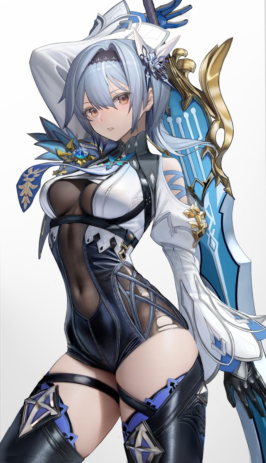 eula, garter, genshin_impact, nyatabe, sword, thighhighs, torn_clothes