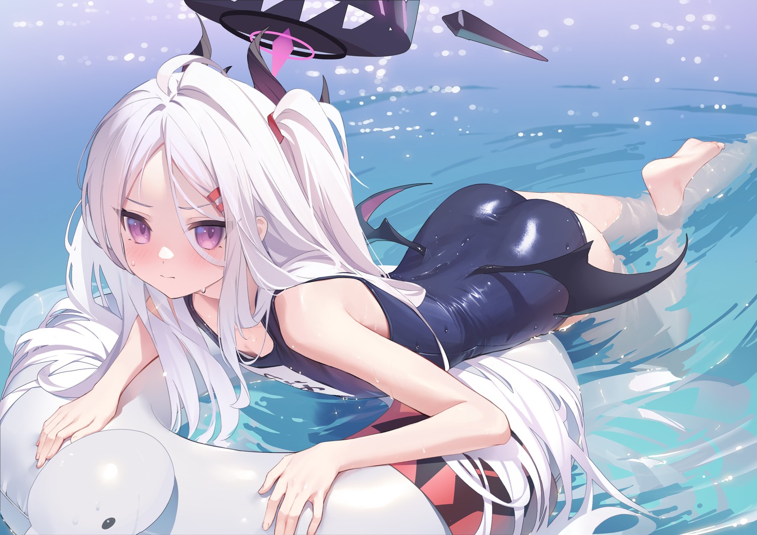 blue_archive, devil, halo, horns, iranon_(new_iranon), school_swimsuit, sorasaki_hina, swimsuits, wet, wings